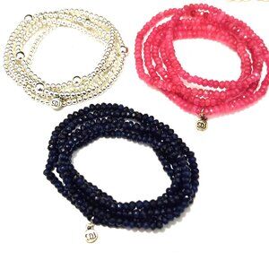 Silver Tone Beaded, Blue & Pink Crystal Bead Stretch Bracelet Set